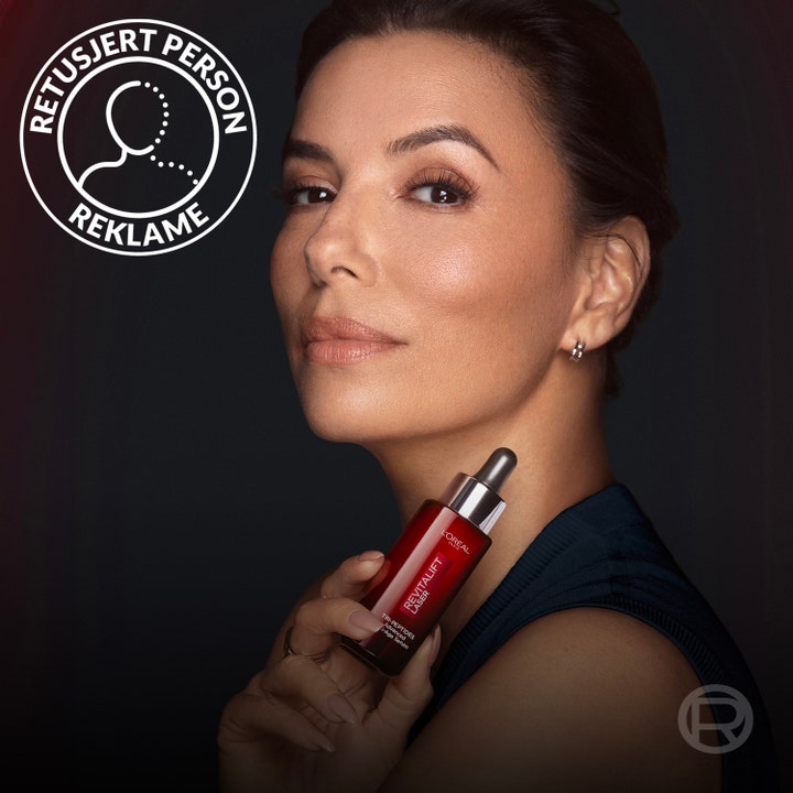 L’Oréal Paris Revitalift Laser Tri-Peptides 30 ml anti-age-seerumi silottaa ihoa punaisessa pullossa naisen pitelemänä.