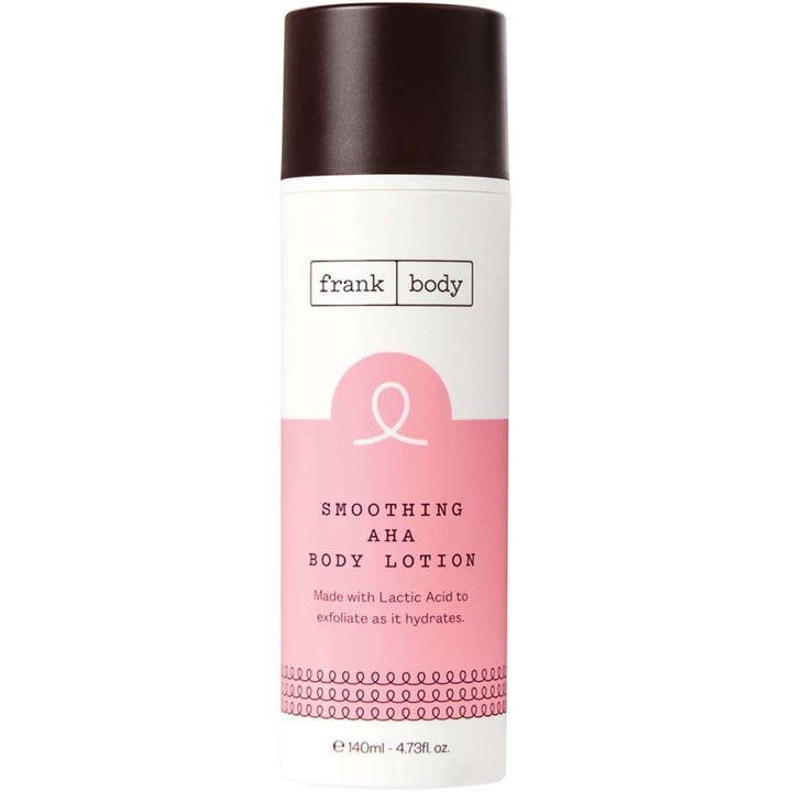 Frank Body Smoothing AHA Body Lotion 140ml kuoriva ja silottava vartalovoide valkoisessa pullossa jossa on ruskea korkki