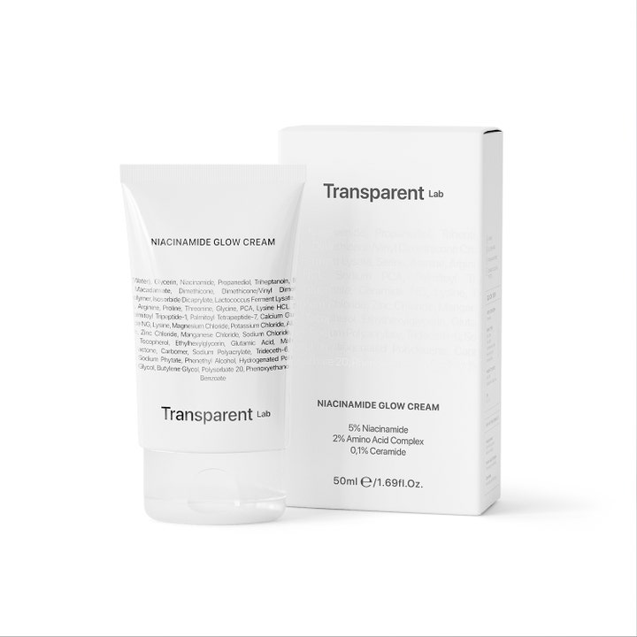 Niche Beauty Lab Transparent Lab Niacinamide Glow Cream 50 ml heleyttävä kasvovoide valkoisessa tuubissa ja rasiassa