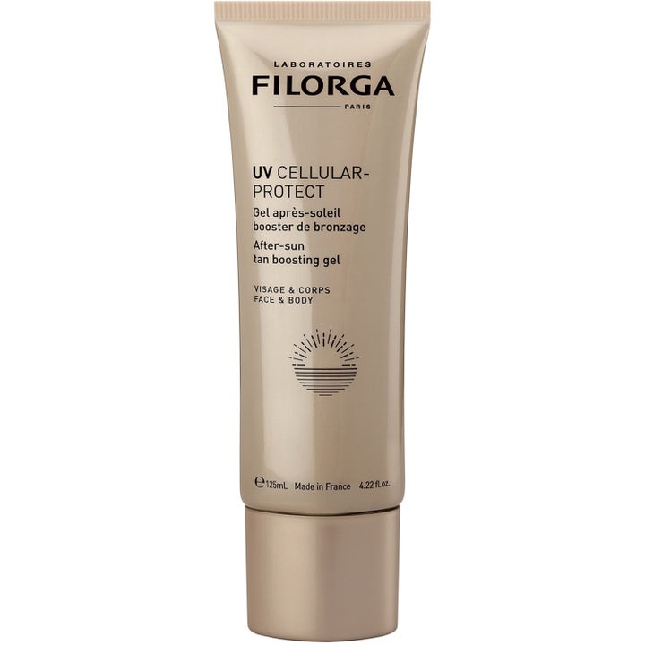Filorga UV Cellular-Protect 125 ml päivetystä pidentävä after sun -geeli beigessä tuubissa jossa on aurinkosymboli