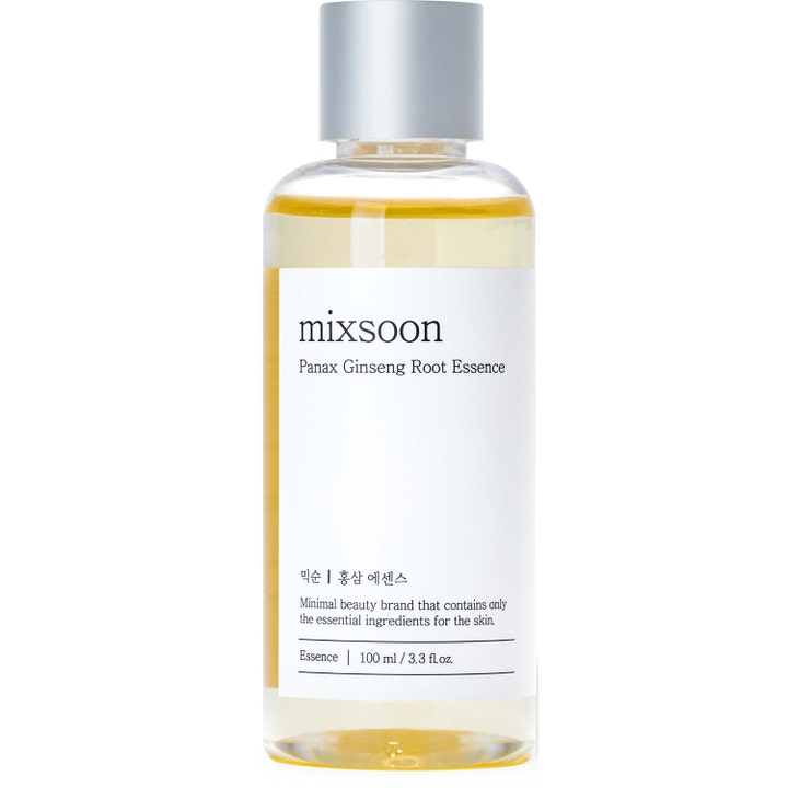 Mixsoon Panax Ginseng Root Essence 100 ml kirkastava hoitoneste läpinäkyvässä pullossa hopeisella korkilla.