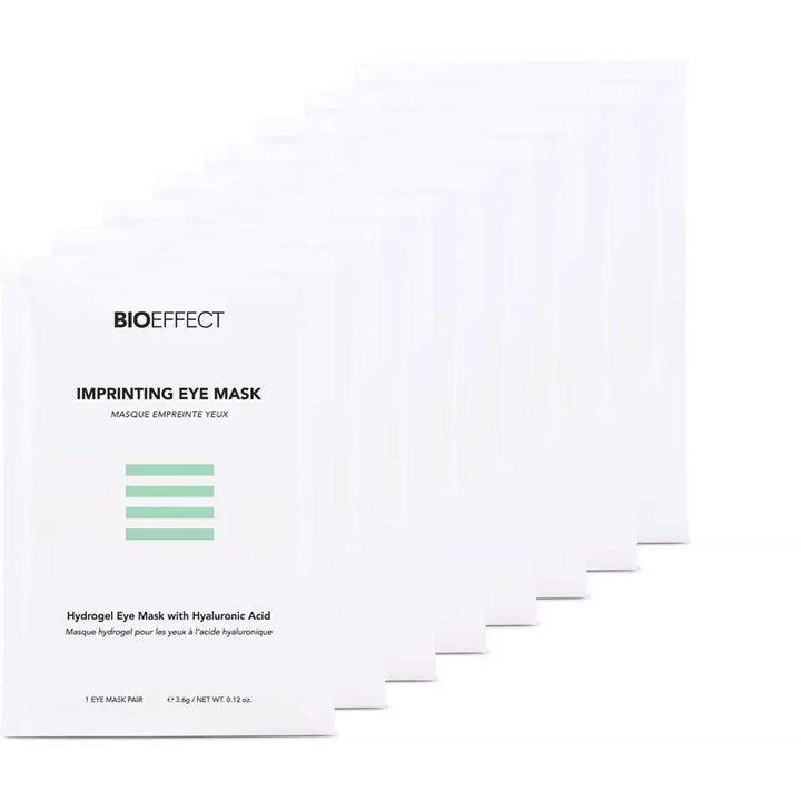 Bioeffect Imprinting Eye Mask 8 kpl kosteuttava silmänympärysnaamio valkoisissa pusseissa hyaluronihapolla.