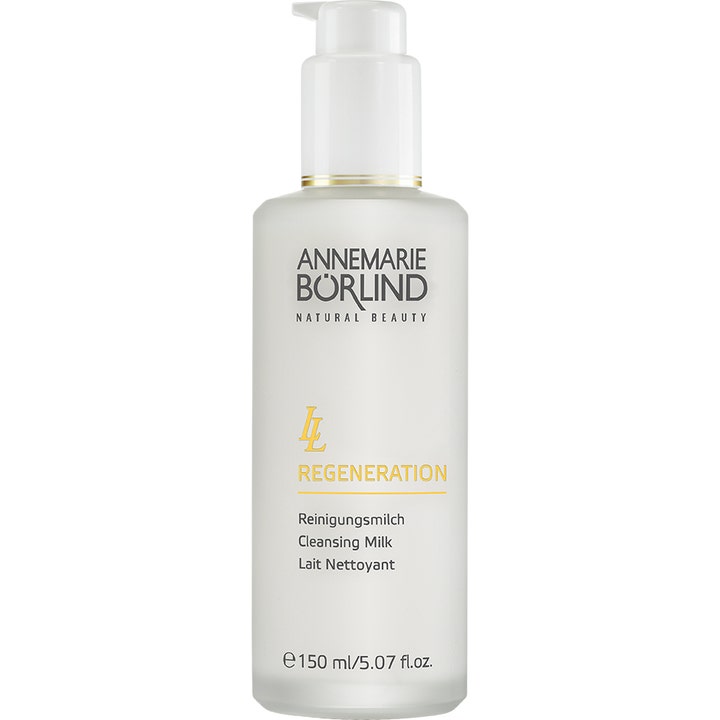 Annemarie Börlind LL Regeneration 150 ml uudistava puhdistusmaito huurteisessa lasipullossa valkoisella pumpulla.
