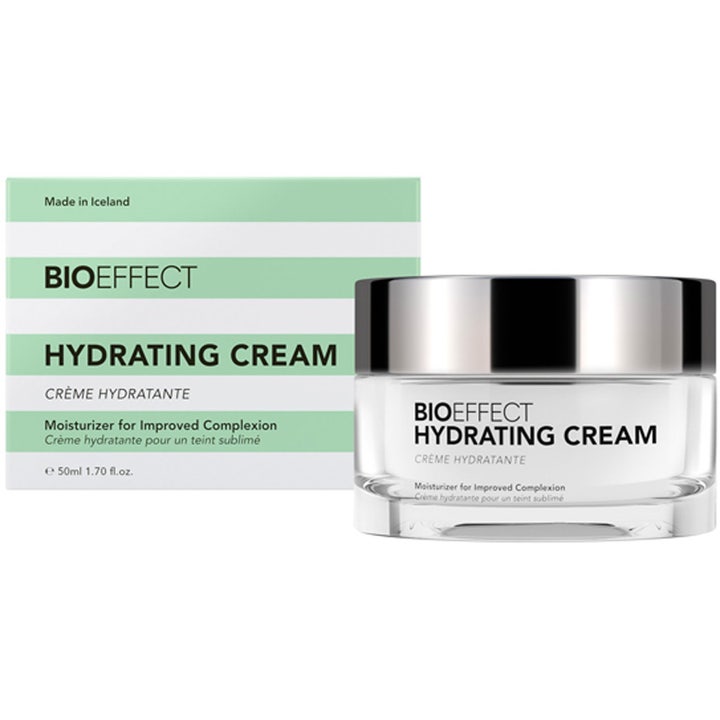 BIOEFFECT Hydrating Cream 50ml kosteuttava kasvovoide kirkkaassa lasipurkissa hopeisella kannella ja raidallinen pakkaus.