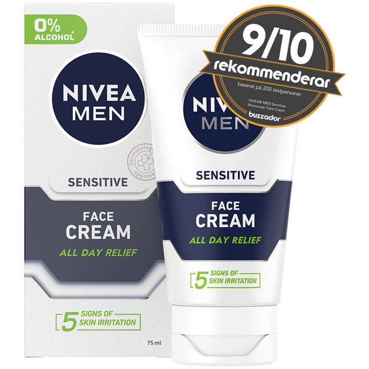 NIVEA MEN Sensitive Face Cream 75 ml rauhoittava kasvovoide valkoisessa tuubissa ja pakkauksessa.