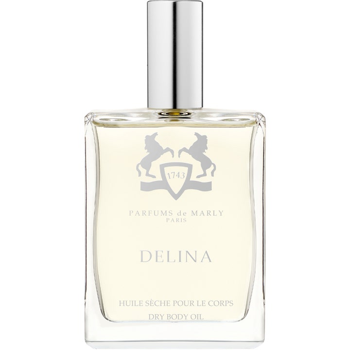 Parfums de Marly Delina 100ml pehmentävä kuivaöljy kirkkaassa lasipullossa, jossa on hopeinen korkki ja logo