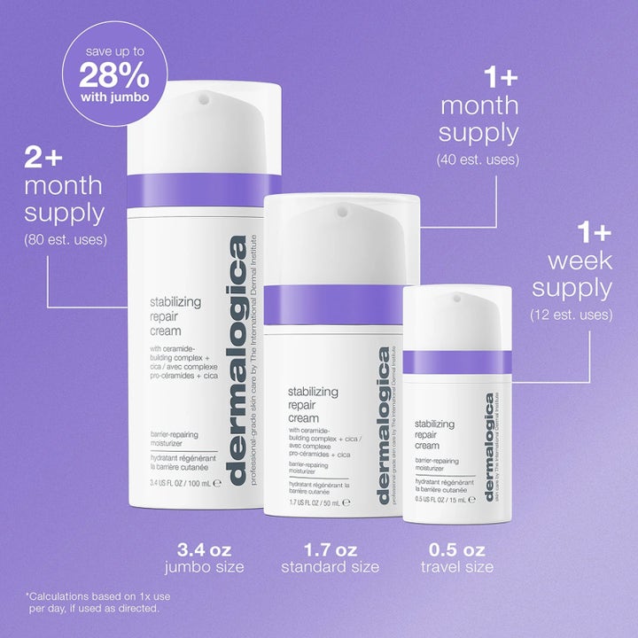 Dermalogica Stabilizing Repair Cream 100 ml korjaava kasvovoide kolmessa eri koossa liilalla taustalla.