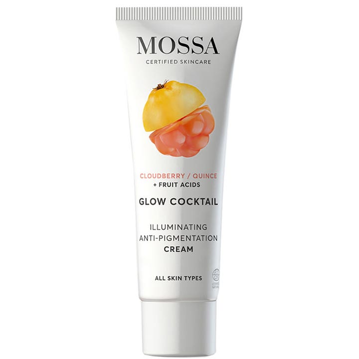 Mossa Glow Cocktail kirkastava voide häivyttää pigmenttiläiskiä valkoisessa tuubissa jossa on lakka ja kvitteni.
