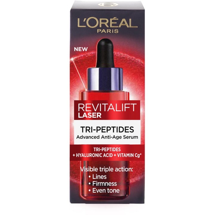 L'Oréal Paris Revitalift Laser Tri-Peptides 30 ml seerumi tasoittaa juonteita tyylikkäässä punaisessa pahvipakkauksessa.