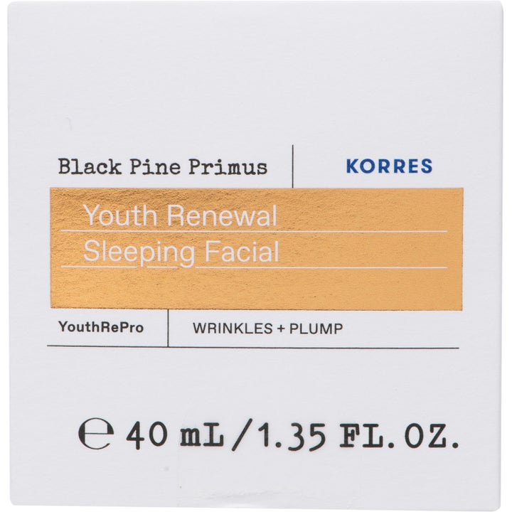 Korres Black Pine Primus Youth Renewal Sleeping Facial 40 ml silottava yövoide valkoisessa oranssikuvioisessa pakkauksessa.