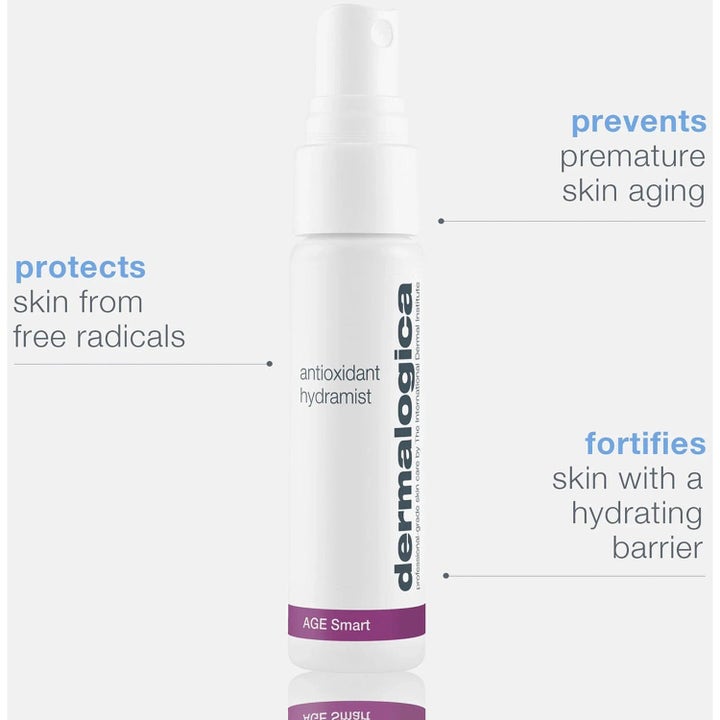 Dermalogica Antioxidant Hydramist Duo 2 x 30 ml kosteuttava kasvosuihke valkoisessa AGE Smart -suihkepullossa.