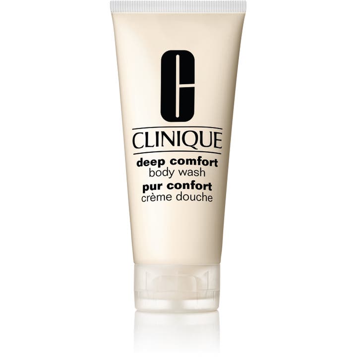 Clinique Deep Comfort Body Wash rauhoittava suihkugeeli vaaleanbeigessä tuubissa jossa on kirkas korkki.