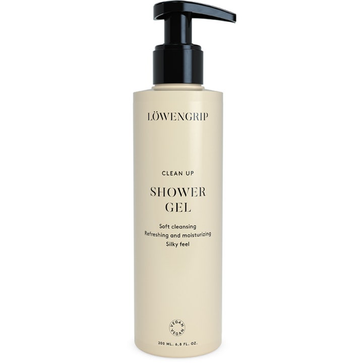 Löwengrip Clean Up Shower Gel 200 ml puhdistava suihkugeeli beigessä pumppupullossa mustalla korkilla.