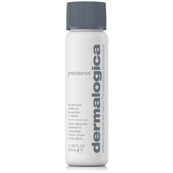 Dermalogica Precleanse 30 ml puhdistusöljy poistaa meikin ja epäpuhtaudet valkoisessa pullossa harmaalla korkilla
