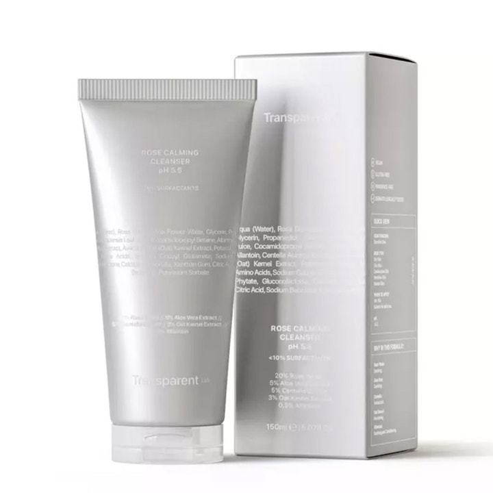 Niche Beauty Lab Transparent Lab Rose Calming Cleanser 150 ml rauhoittava kasvonpuhdistus hopeisessa tuubissa ja rasiassa.