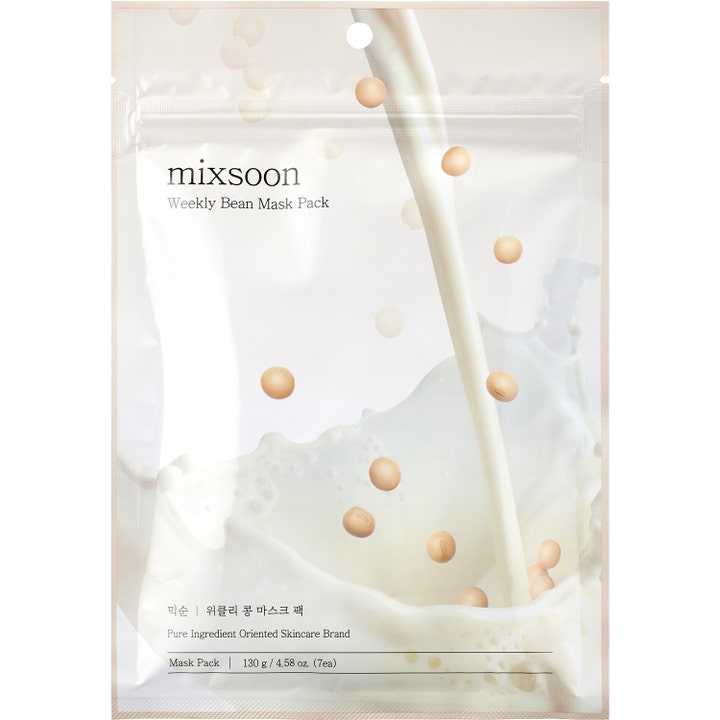 Mixsoon Weekly Bean Mask Pack 130 g 7 kpl ravitseva kangasmaski valkoisessa pussissa jossa on kuva soijapavuista.