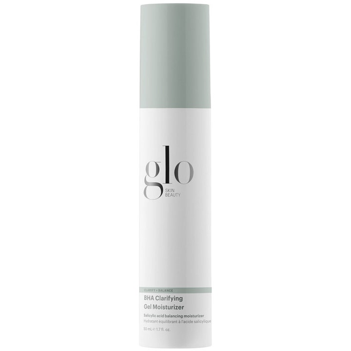 Glo Skin Beauty BHA Clarifying Gel Moisturizer 50 ml tasapainottava kasvogeeli valkoisessa pullossa harmaanvihreällä korkilla.
