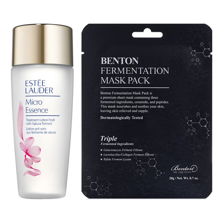Estée Lauder Micro Essence 200ml hoitovesi ja Benton kangasnaamio kirkastavat ihoa ja tuovat heleyttä.
