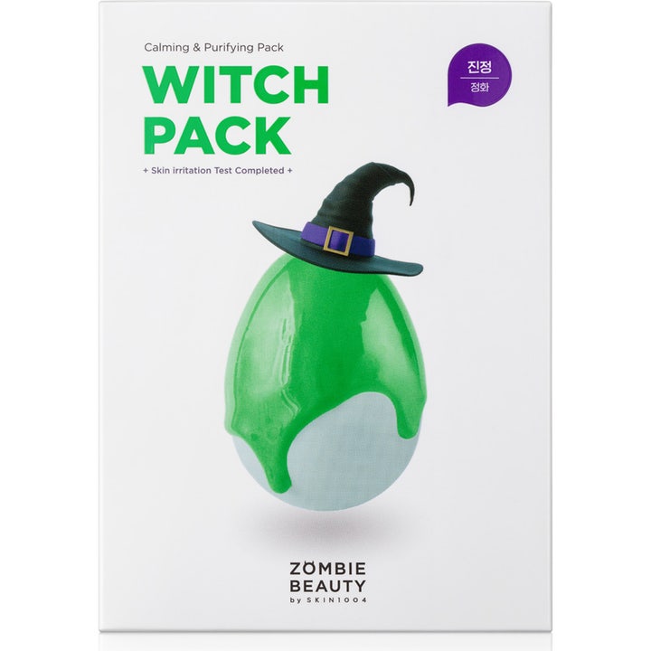 SKIN1004 Zombie Beauty Witch Pack 8 kpl rauhoittava kasvonaamio valkoisessa laatikossa, jossa on noitahattu-kuvitus.