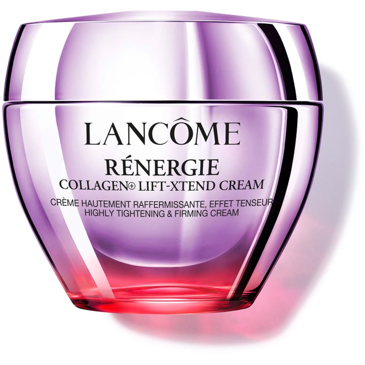 Lancôme Rénergie Collagen Lift-Xtend Cream kiinteyttävä kasvovoide tyylikkäässä liilassa lasipurkissa punaisella pohjalla.