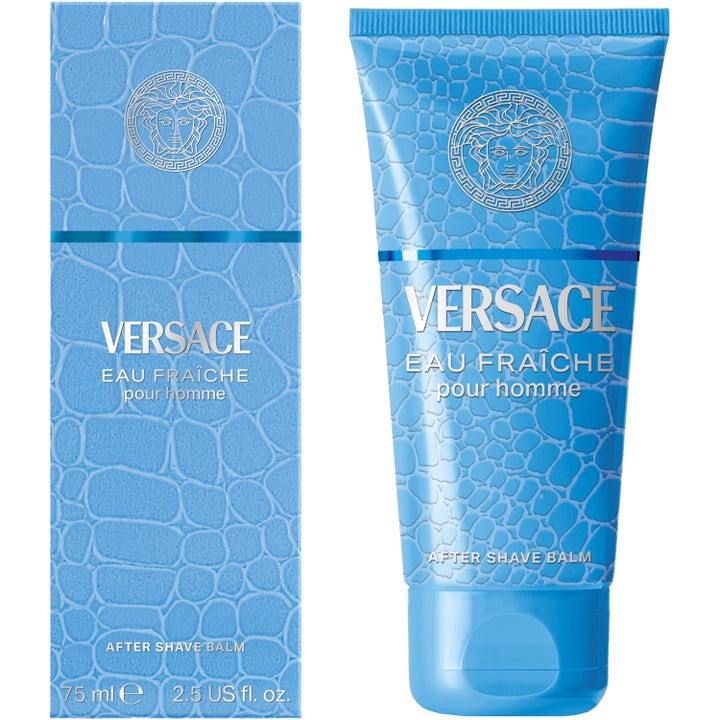 Versace Eau Fraiche After Shave Balm 75 ml rauhoittava after shave sinisessä krokotiilikuvioisessa tuubissa.