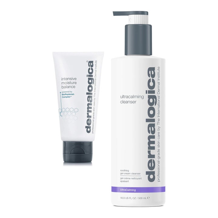Dermalogica Ultracalming Cleanser 500ml ja Intensive Moisture Balance rauhoittava puhdistus ja voide valkoisissa pakkauksissa.