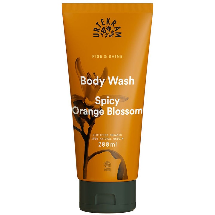 Urtekram Rise & Shine Spicy Orange Blossom Body Wash 200 ml puhdistava suihkugeeli oranssissa tuubissa kukkakuviolla