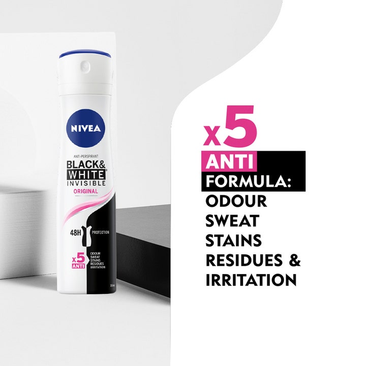 Nivea Black & White Original Spray 150 ml antiperspirantti ehkäisee hikeä ja tahroja x5 anti-formula suihkepullossa.