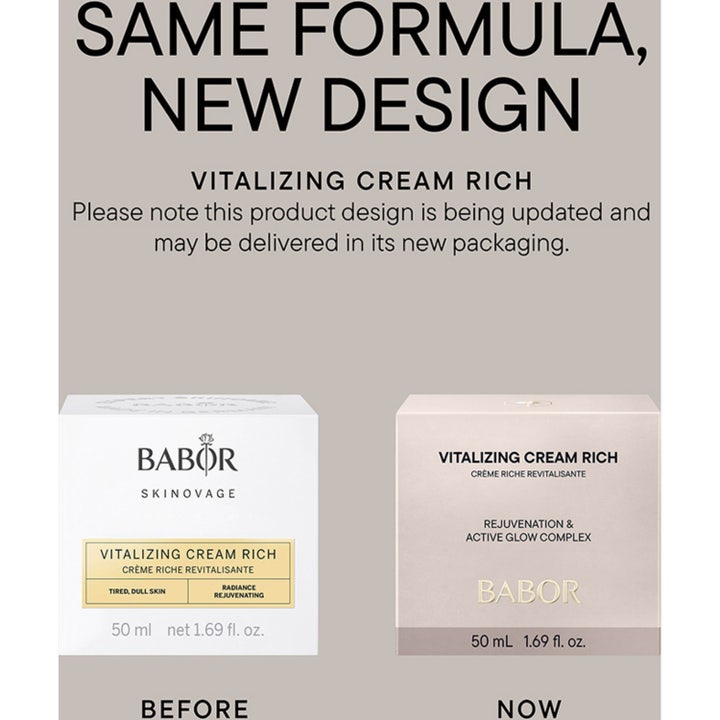Babor Vitalizing Cream Rich 50 ml elvyttävä kasvovoide lasipurkissa muiden Skinovage-tuotteiden kanssa.
