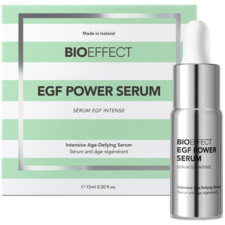 Bioeffect EGF Power Serum 15 ml ikääntymistä vastustava seerumi hopeisessa pullossa ja vihreäraidallisessa rasiassa.