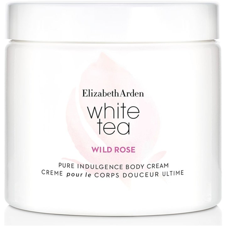 Elizabeth Arden White Tea Wild Rose Pure Indulgence Body Cream kosteuttava vartalovoide valkoisessa purkissa ruusulla.