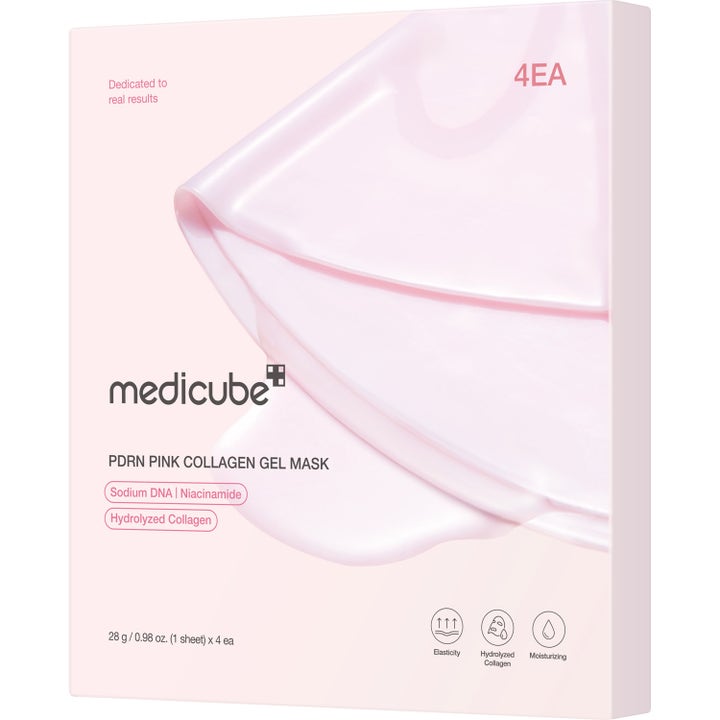 Medicube PDRN Pink Collagen Gel Mask 4 kpl kosteuttava kasvonaamio vaaleanpunaisessa pakkauksessa jossa taiteltu geelinaamio.