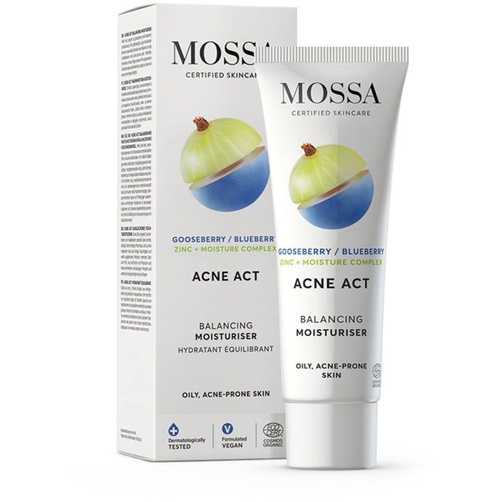 MOSSA ACNE ACT Balancing Moisturiser 50 ml tasapainottava kasvovoide valkoisessa tuubissa ja pakkauksessa.