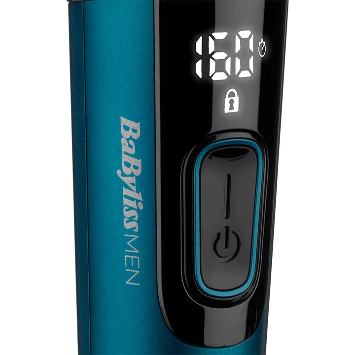 BaByliss Japanese Steel Digital Hair Clipper 1 kpl hiustenleikkuukoneen digitaalinen näyttö ja sininen runko.
