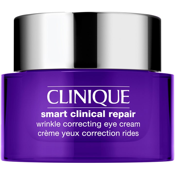 Clinique Smart Clinical Repair Wrinkle Correcting Eye Cream 15ml silottaa ryppyjä violetissa purkissa hopeakannella.
