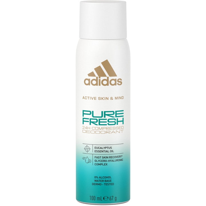 Adidas Pure Fresh Active Skin & Mind 100 ml raikastava deodoranttispray valkoisessa pullossa turkoosilla alaosalla