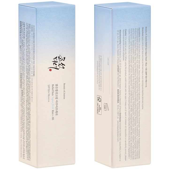 Beauty of Joseon Relief Sun Aqua Fresh 50 ml kosteuttava aurinkovoide vaaleansinisessä pahvipakkauksessa.
