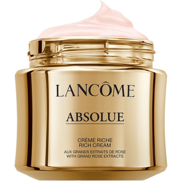 Lancôme Absolue Precious Cells Rich Cream 60 ml ravitseva kasvovoide kultaisessa purkissa vaaleanpunaisella koostumuksella.