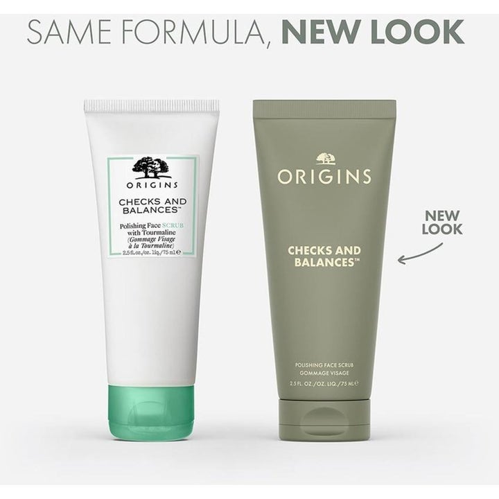 Origins Checks and Balances 75 ml kuorinta-aine valkoisessa ja uudessa oliivinvihreässä tuubissa.