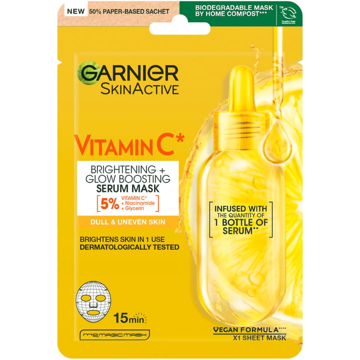 Garnier SkinActive Vitamin C Sheet Mask 28 g kirkastava kangasnaamio keltaisessa paperipohjaisessa pakkauksessa