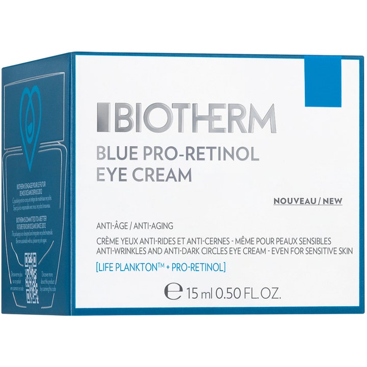 Biotherm Blue Pro-Retinol Eye Cream 15 ml silmänympärysvoide häivyttää ryppyjä valkoisessa ja sinisessä pakkauksessa.