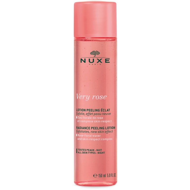 Nuxe Very Rose Radiance Peeling Lotion 150 ml kuoriva kasvovesi vaaleanpunaisessa läpinäkyvässä pullossa.