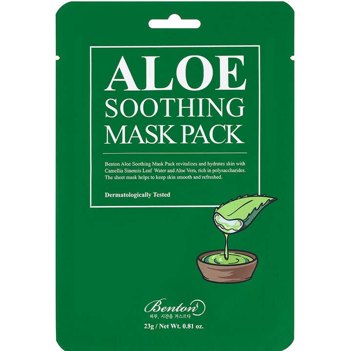 Benton Aloe Soothing Mask Pack 23 g rauhoittava kangasnaamio vihreässä pakkauksessa aloe-kuvituksella.