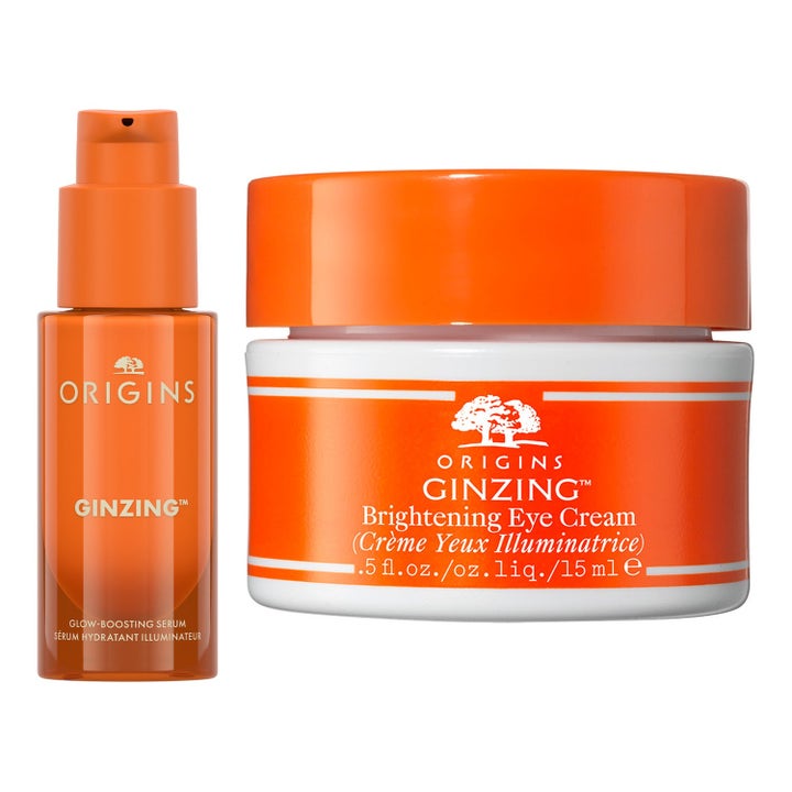 Origins GinZing heleyttävä seerumi ja silmänympärysvoide 15 ml oransseissa pakkauksissa vähentävät turvotusta.