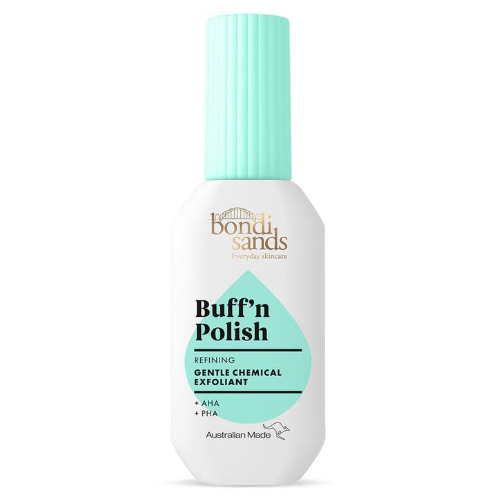 Bondi Sands Buff'n Polish 30 ml kirkastava kuorinta-aine valkoisessa pullossa turkoosilla korkilla.