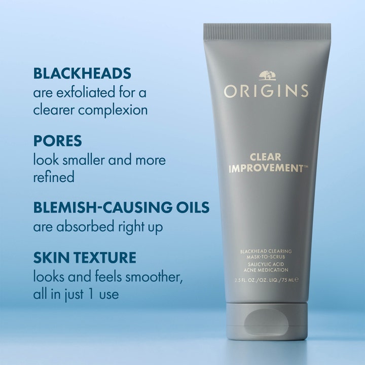Origins Clear Improvement Mask-To-Scrub 75 ml syväpuhdistava kasvokuorinta harmaassa tuubissa tekstin kera.