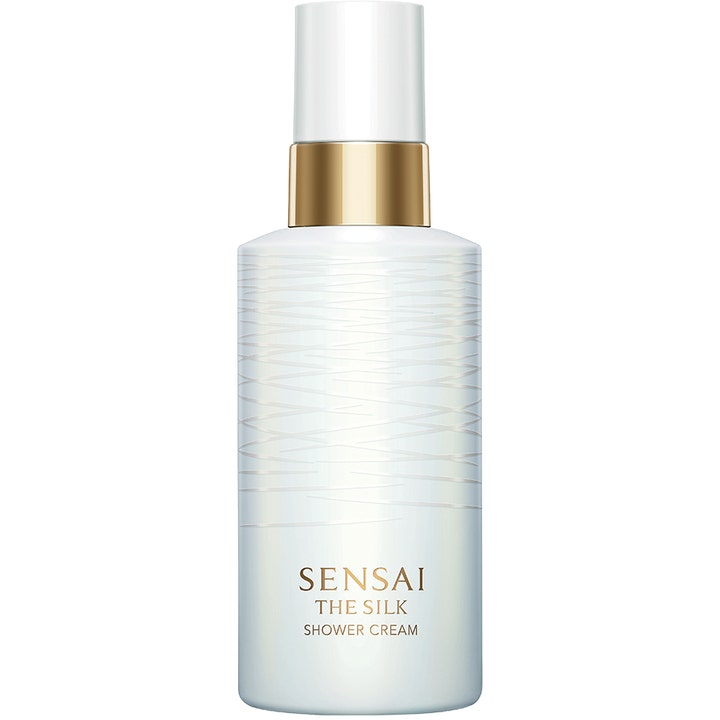 Sensai The Silk Shower Cream 200 ml puhdistava suihkuvoide valkoisessa kohokuvioidussa pullossa