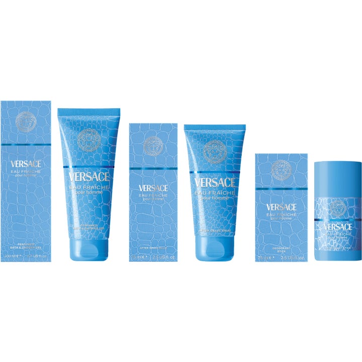 Versace Eau Fraiche After Shave Balm 75 ml rauhoittava after shave sinisessä krokotiilikuvioisessa tuubissa ja rasiassa