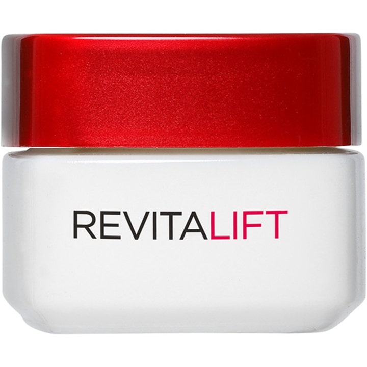 L'Oréal Paris Revitalift 50 ml kiinteyttävä kasvovoide valkoisessa lasipurkissa jossa on punainen metallihohtoinen kansi