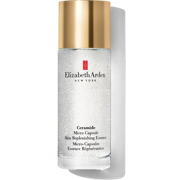 Elizabeth Arden Ceramide Micro Capsule Skin Replenishing Essence ravitseva essence kirkkaassa pullossa kultaisella korkilla.